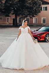 Elegant Long A-line Off-the-shoulder Sleeveless Wedding Dress with Lace Details