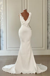 Beautiful Long Ivory Mermaid V-neck Satin Beaded Wedding Dress Sleeveless