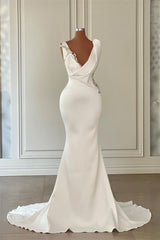 Beautiful Long Ivory Mermaid V-neck Satin Beaded Wedding Dress Sleeveless