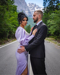 Glamorous Long Lilac Column Split Front Long Sleeves Prom Dress With Jewels