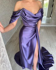 Beautiful Long Purple A-line Prom Dress with Off-the-shoulder Sleeveless Design and High Slit