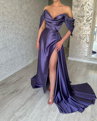 Beautiful Long Purple A-line Prom Dress with Off-the-shoulder Sleeveless Design and High Slit