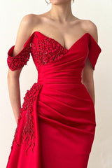 Beautiful Long Red Mermaid Off-the-Shoulder Lace Prom Dress