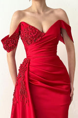 Beautiful Long Red Mermaid Off-the-Shoulder Lace Prom Dress