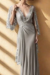 Beautiful Long Silver V-neck Mother of Bride Satin Dress with Lace Accents