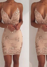 Sequined Homecoming Dress - Sheath/Column V Neck Sleeveless Short/Mini