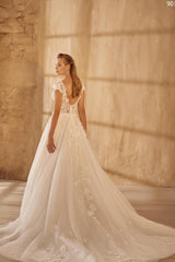 Lovely V-neck Long A-line Lace Tulle Sleeveless Wedding Dress