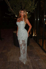 Halter Sleeveless Long Mermaid Formal Dress With Lace Embroidery