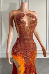 Mermaid Style Burnt Orange Sequins Long Length Prom Dresses with Side Slit Beadings and Feathers