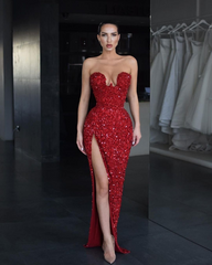 Strapless Sleeveless Long Mermaid Split Formal Dress With Sequins