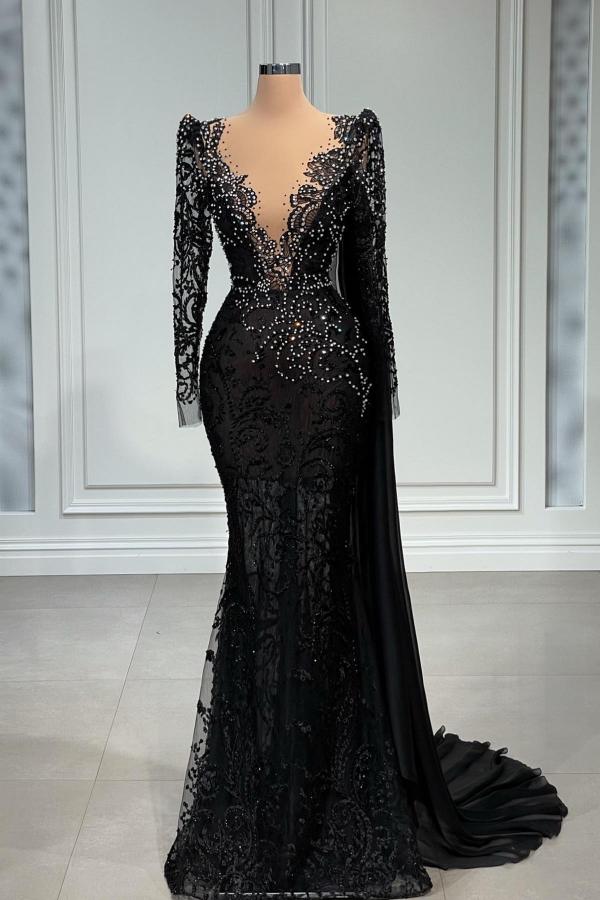 Black Lace Long Sleeves Prom Dress Mermaid With Beads Newinlook Black Lace Long Sleeves Prom Dress Mermaid With Beads Newinlook