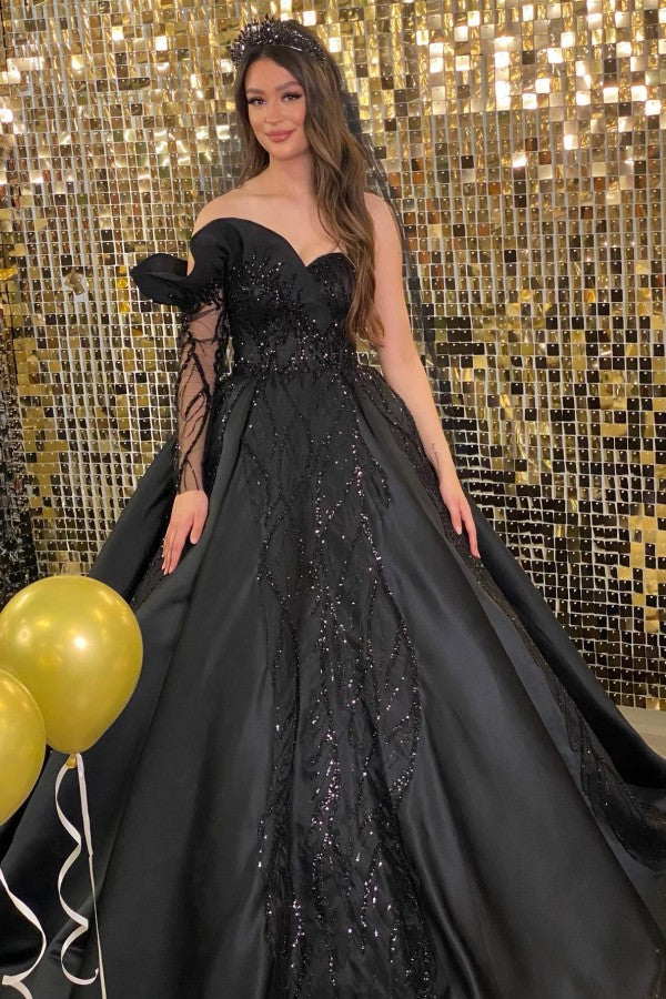 Black Long Sleeve Prom Dress One Shoulder Ball Gown With Beads Newinlook Black Long Sleeve Prom Dress One Shoulder Ball Gown With Beads Newinlook