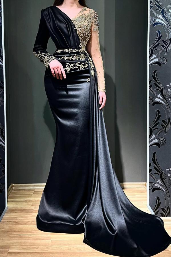 black long sleeve prom dress open back Sexy Black Lace Long Sleeves Open Back Split Prom Dresses Evening Gowns Party Dress