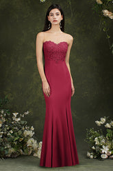 Burgundy Illussion Neck Mermaid Prom Dress Long With Appliques