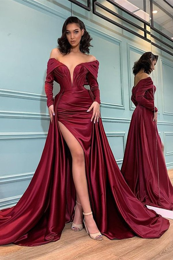 Burgundy Long Sleeve Prom Dress Split Off-the-Shoulder Party Gowns Newinlook Burgundy Long Sleeve Prom Dress Split Off-the-Shoulder Party Gowns Newinlook