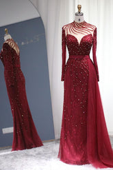 Burgundy Long Sleeves Beadings Evening Dress High Neck Mermaid Party Gowns
