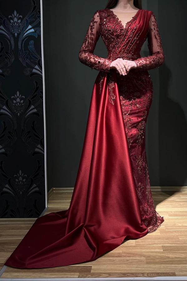 Burgundy Long Sleeves Evening Dress Mermaid Ruffle With Beads Newinlook Burgundy Long Sleeves Evening Dress Mermaid Ruffle With Beads Newinlook