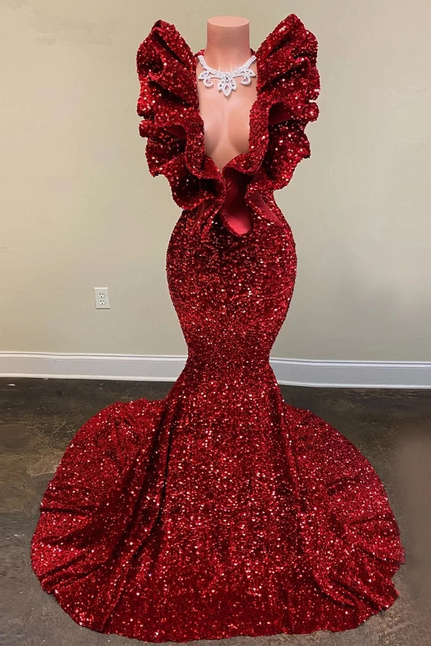 Burgundy Prom Dress Mermaid V-Neck With Ruffle – Newinlook