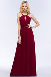 Burgundy Spaghetti Straps Long Bridesmaid Dress with Beading Sash