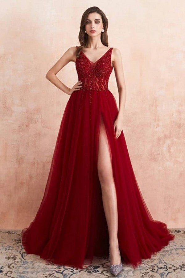 Burgundy V-Neck Sleeveless Long Evening Dress With Split Lace Applique Newinlook Burgundy V-Neck Sleeveless Long Evening Dress With Split Lace Applique Newinlook