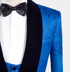 Newinlook Royal Blue Floral Jacquard Wedding Suit - Three Pieces for Men