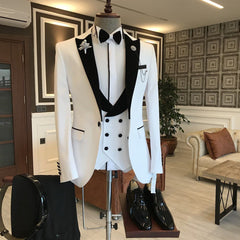 Newinlook Elegant White and Black One-Button Prom Suit with Peaked Lapel