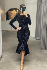 Stunning Black Mermaid Sequins Long Sleeves Formal Dress Online With Belt