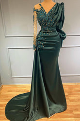 Newinlook Dark Green Long Sleeves V-Neck Evening Dress Beadings Prom With Lace Appliques