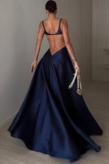 Straps Sleeveless Backless Long A Line Formal Dress With Pleated
