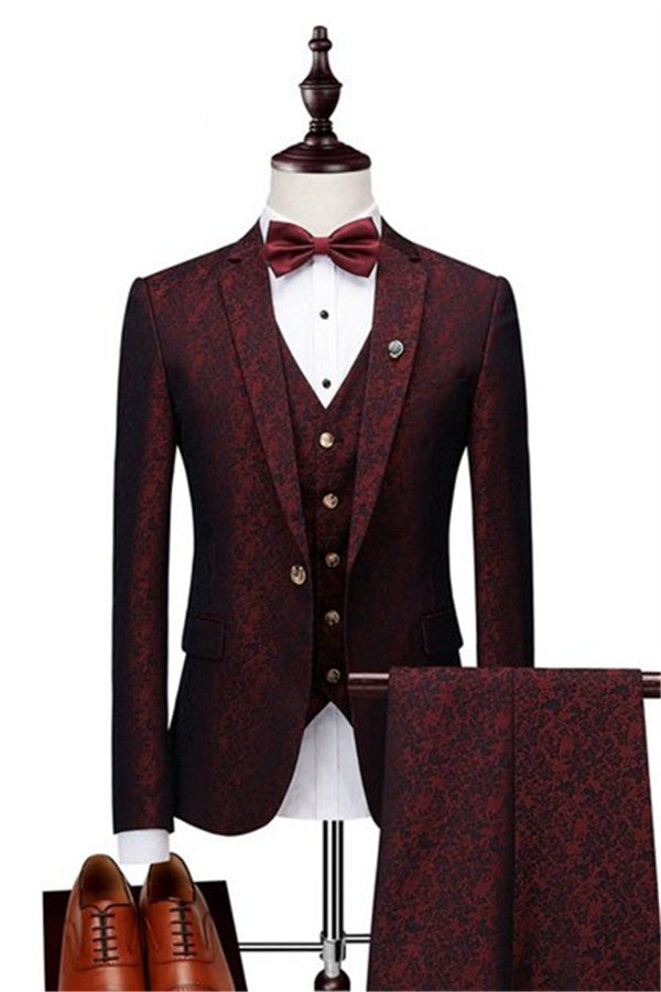 Newinlook Wine Ruby Notched Lapel Jacquard Tuxedo Suit - Three Pieces