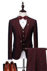 Newinlook Wine Ruby Notched Lapel Jacquard Tuxedo Suit - Three Pieces