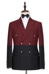 Newinlook Fashionable Burgundy and Black Double-Breasted Prom Suit with Peaked Lapel for Men