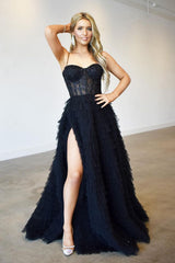Newinlook Black Mermaid Spaghetti-Straps Front Split Evening Dress With Lace Appliques