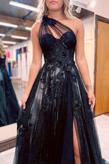 Newinlook One-Shoulder Sweetheart Black Tulle Split Evening Dress With Appliques