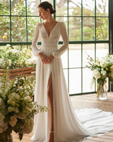 Newinlook White V-Neck Split Long Wedding Evening Dress With Sleeves
