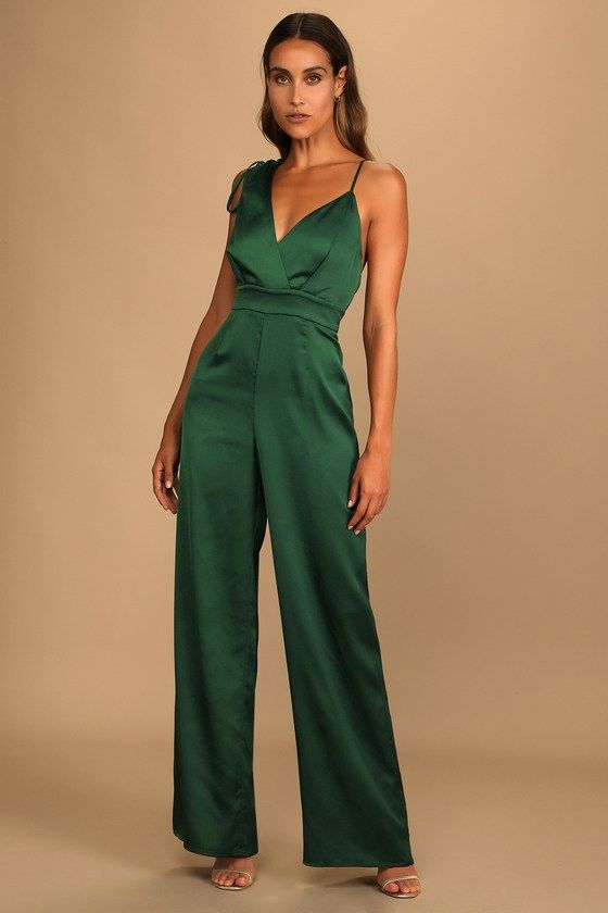 Newinlook Retro Emerald Green Satin Asymmetrical Wide-Leg Jump Suit