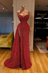 Newinlook Burgundy Spaghetti-Straps Sleeveless Long Sequins Evening Dress With Split