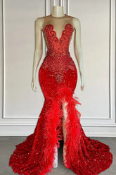 Mermaid Prom Dresses with Sequins Sleeveless Split Beadings and Feather Embellishments