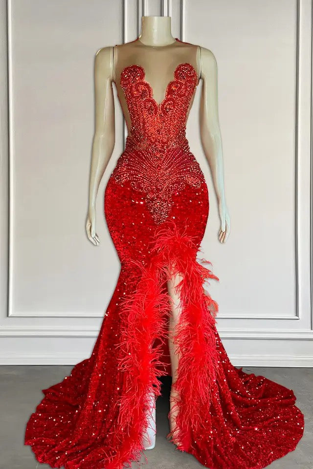 Red Sleeveless Sequins Mermaid Prom Dresses with Front Slit Beadings and Feathers
