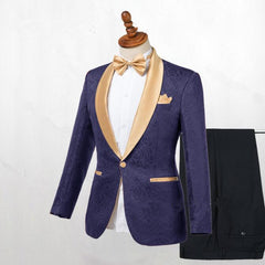 Newinlook Chic Dark Blue Jacquard Shawl Lapel Wedding Suit for Men’s Events