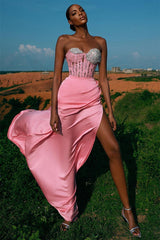 Newinlook Pink Mermaid Sweetheart Split Evening Dress Beadings With Lace Appliques