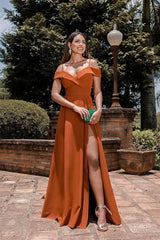 Newinlook Burnt Orange Evening Dress Spaghetti-Straps Split Sweetheart Off-The-Shoulder