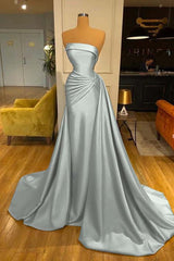 Newinlook Strapless Elegant Baby Blue Mermaid Evening Dress Long With Ruffle