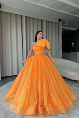 Newinlook One-Shoulder Orange Ball Gown Evening Dress With Sequins