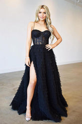 Newinlook Black Mermaid Spaghetti-Straps Front Split Evening Dress With Lace Appliques