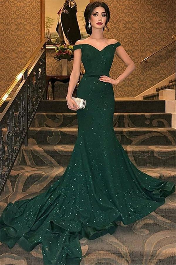 Newinlook Dark Green Mermaid Off-The-Shoulder Evening Dress