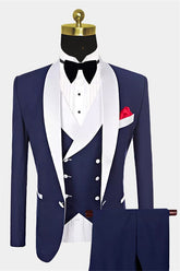 Newinlook One Button Navy Blue Fashion Slim Fit, Three Pieces with White Shawl Lapel