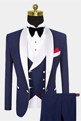 Newinlook One Button Navy Blue Fashion Slim Fit, Three Pieces with White Shawl Lapel