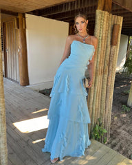 Chic Strapless Sleeveless Long Pleated Formal Dress With Ruffles