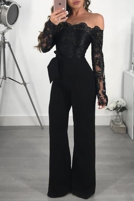 Newinlook Elegant Long Sleeves Strapless Lace Black Satin Jump Suit